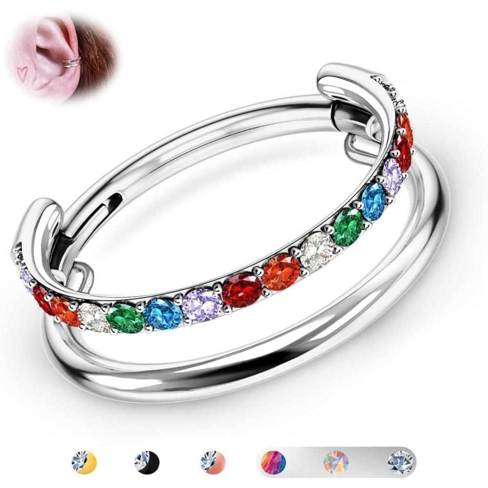 imageBodyBonita G23 Titanium Cartilage Earring Hoop Stacked Clicker 16G CZ DoubleTriple Septum Rings Conch Piercing Jewelry Tragus Daith Helix Nose Rings Hoops for Women SilverGold Plated 8mm 10mm 12mmDouble Layers Rainbow CZ 16G Silver