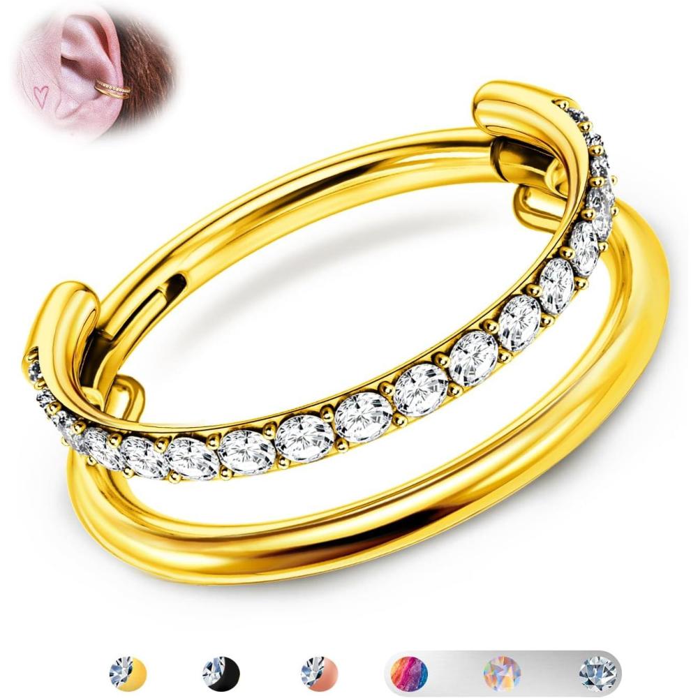 imageBodyBonita G23 Titanium Cartilage Earring Hoop Stacked Clicker 16G CZ DoubleTriple Septum Rings Conch Piercing Jewelry Tragus Daith Helix Nose Rings Hoops for Women SilverGold Plated 8mm 10mm 12mmDouble Layers CZ 16G Gold