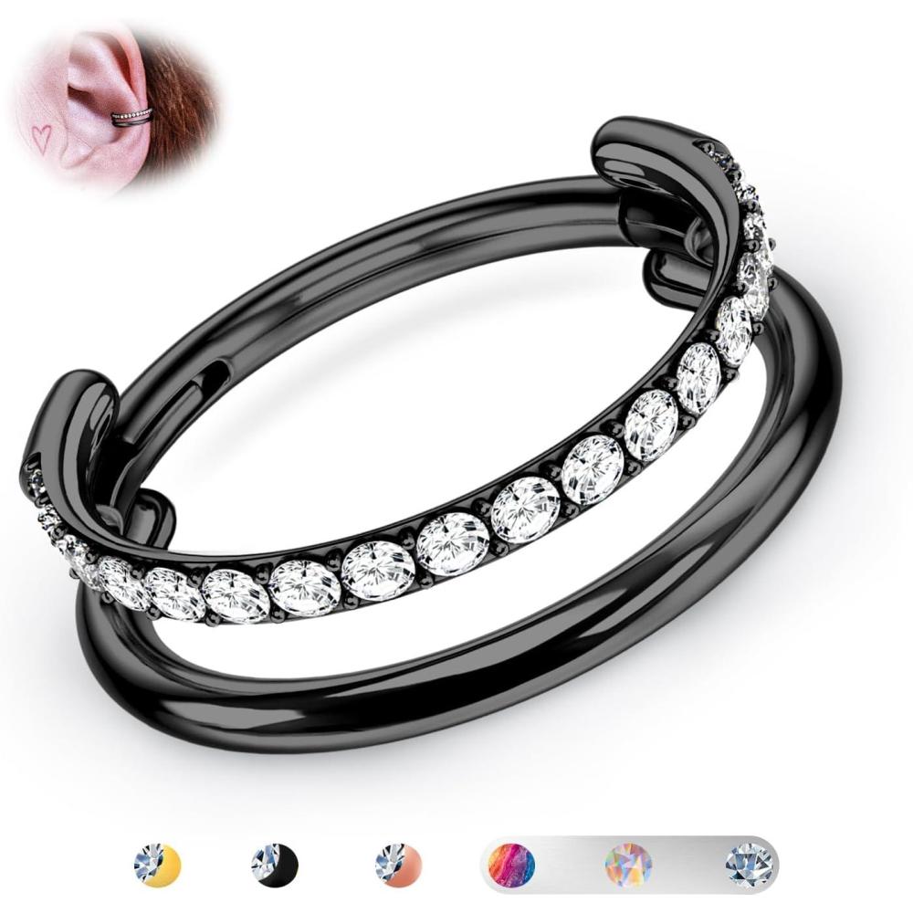 imageBodyBonita G23 Titanium Cartilage Earring Hoop Stacked Clicker 16G CZ DoubleTriple Septum Rings Conch Piercing Jewelry Tragus Daith Helix Nose Rings Hoops for Women SilverGold Plated 8mm 10mm 12mmDouble Layers CZ 16G Black