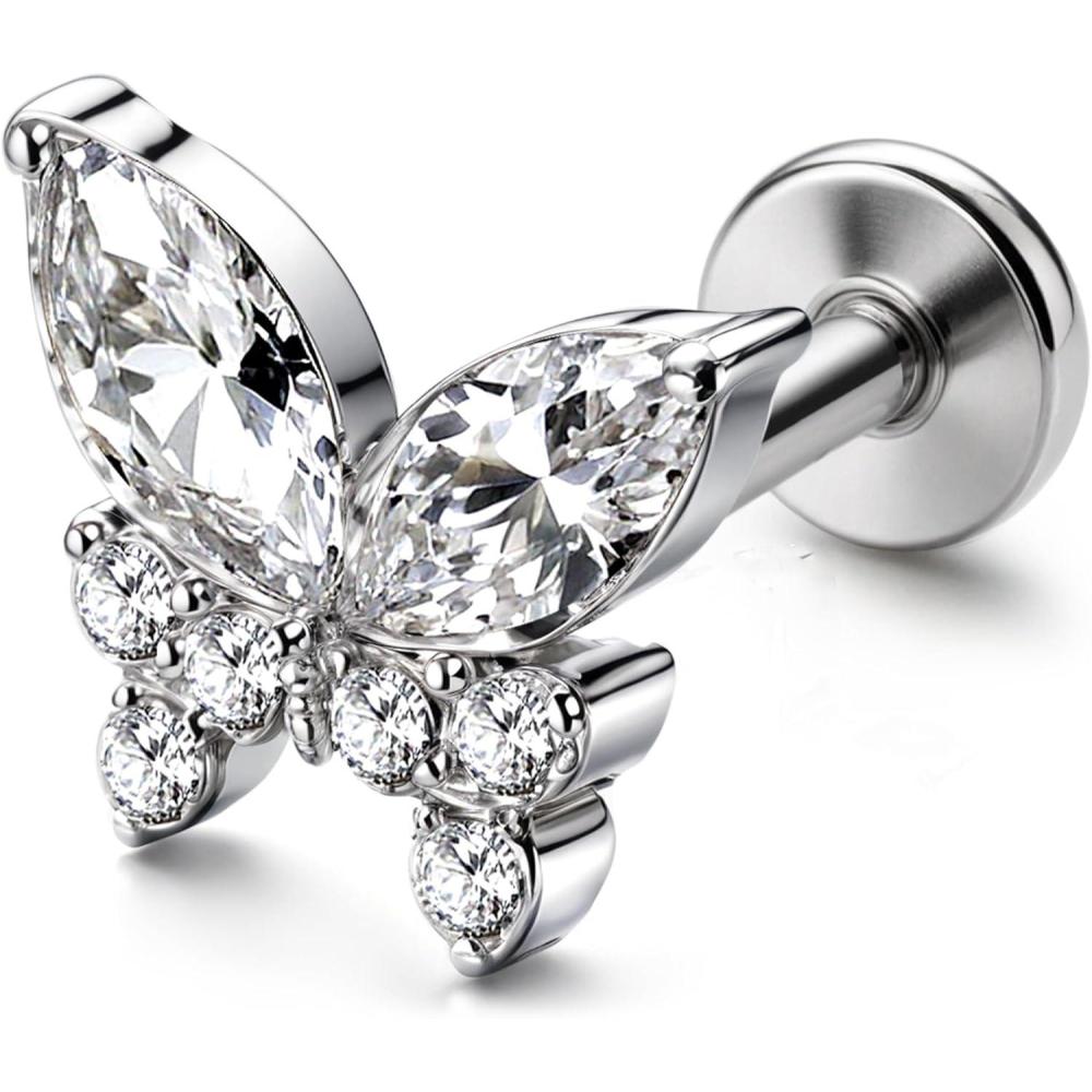 imageBodyBonita G23 Titanium Flat Back Stud Earrings Piercings Hypoallergenic 16G Tragus Piercing Jewelry Helix Medusa Monroe Labret Lip Conch Earring 8mmSilverButterfly