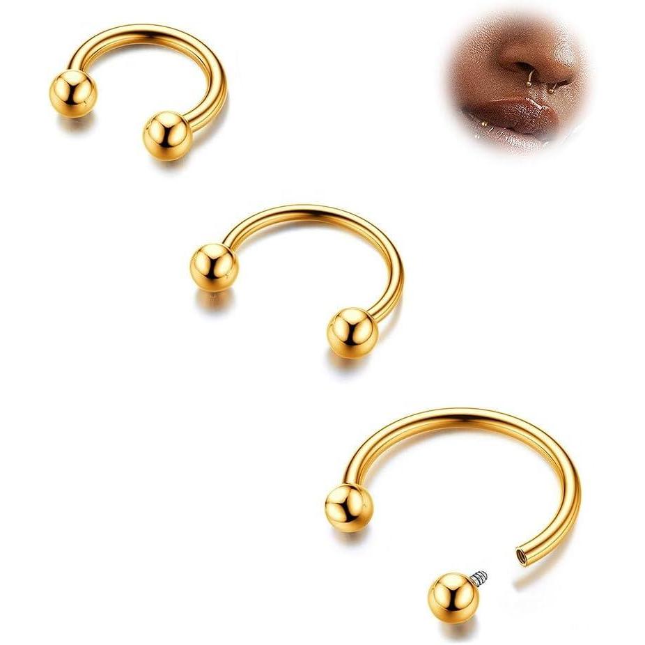 imageBodyBonita G23 Titanium Horseshoe Septum Rings 23pcs Nose Rings Circular Barbell Spikes Septum Jewelry Nose Piercing Jewelry Conch Helix Rook Lip Cartilage Earring Men Gold PlatedSilverBlackGold3pcs
