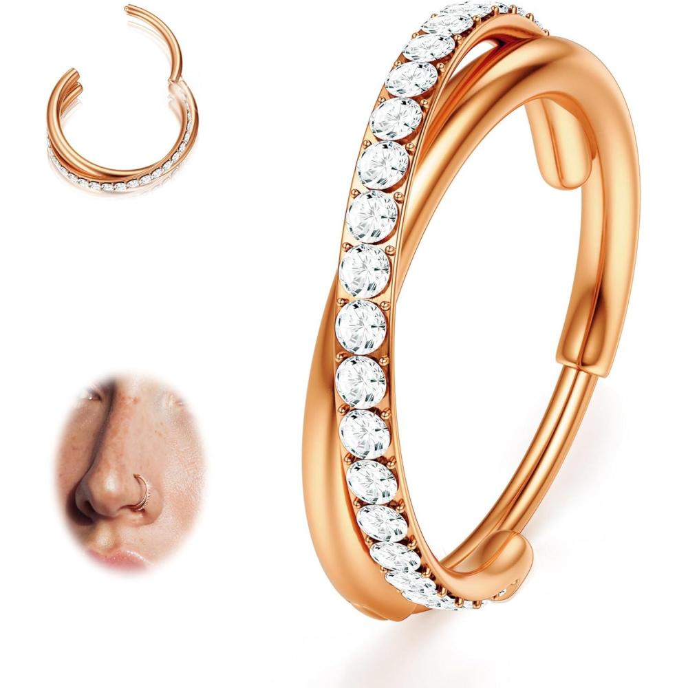 imageBodyBonita G23 Titanium Nose Rings Hoops ABRainbowClear CZ Nose Piercings 161820G Septum Rings Cartilage Helix Rook Tragus Lobe Daith Earrings Body Jewelry for Women Men 6789101112mmRose Gold Duo Hoop 20G