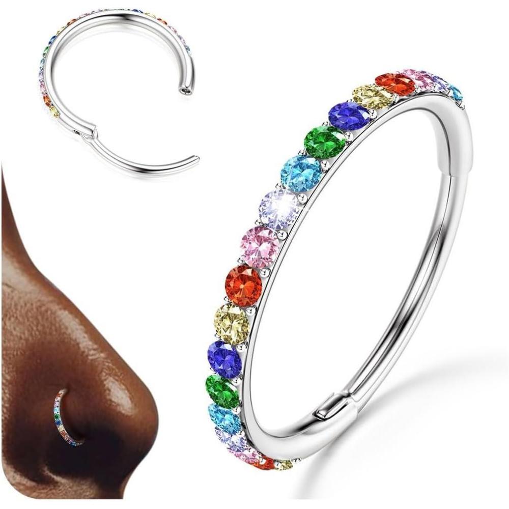 imageBodyBonita G23 Titanium Nose Rings Hoops ABRainbowClear CZ Nose Piercings 161820G Septum Rings Cartilage Helix Rook Tragus Lobe Daith Earrings Body Jewelry for Women Men 6789101112mmSilver Rainbow CZ5A 20G