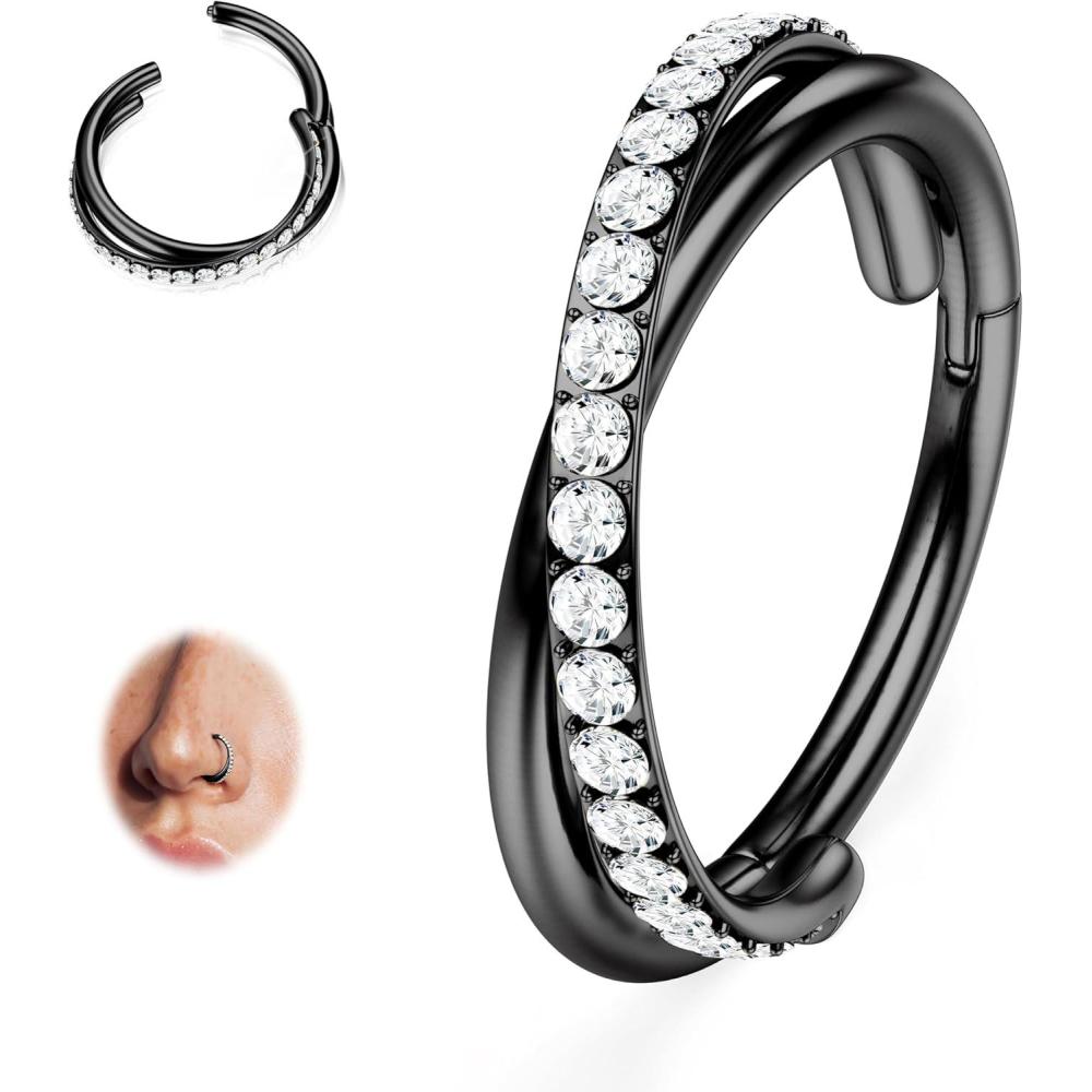 imageBodyBonita G23 Titanium Nose Rings Hoops  ABRainbowClear CZ Nose Piercings 161820G Septum Rings Cartilage Helix Rook Tragus Lobe Daith Earrings Body Jewelry for Women Men 6789101112mmBlack  Duo Hoop  16G18G