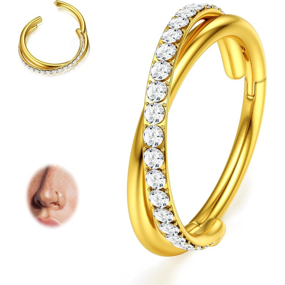 imageBodyBonita G23 Titanium Nose Rings Hoops ABRainbowClear CZ Nose Piercings 161820G Septum Rings Cartilage Helix Rook Tragus Lobe Daith Earrings Body Jewelry for Women Men 6789101112mmGold Duo Hoop 16G18G