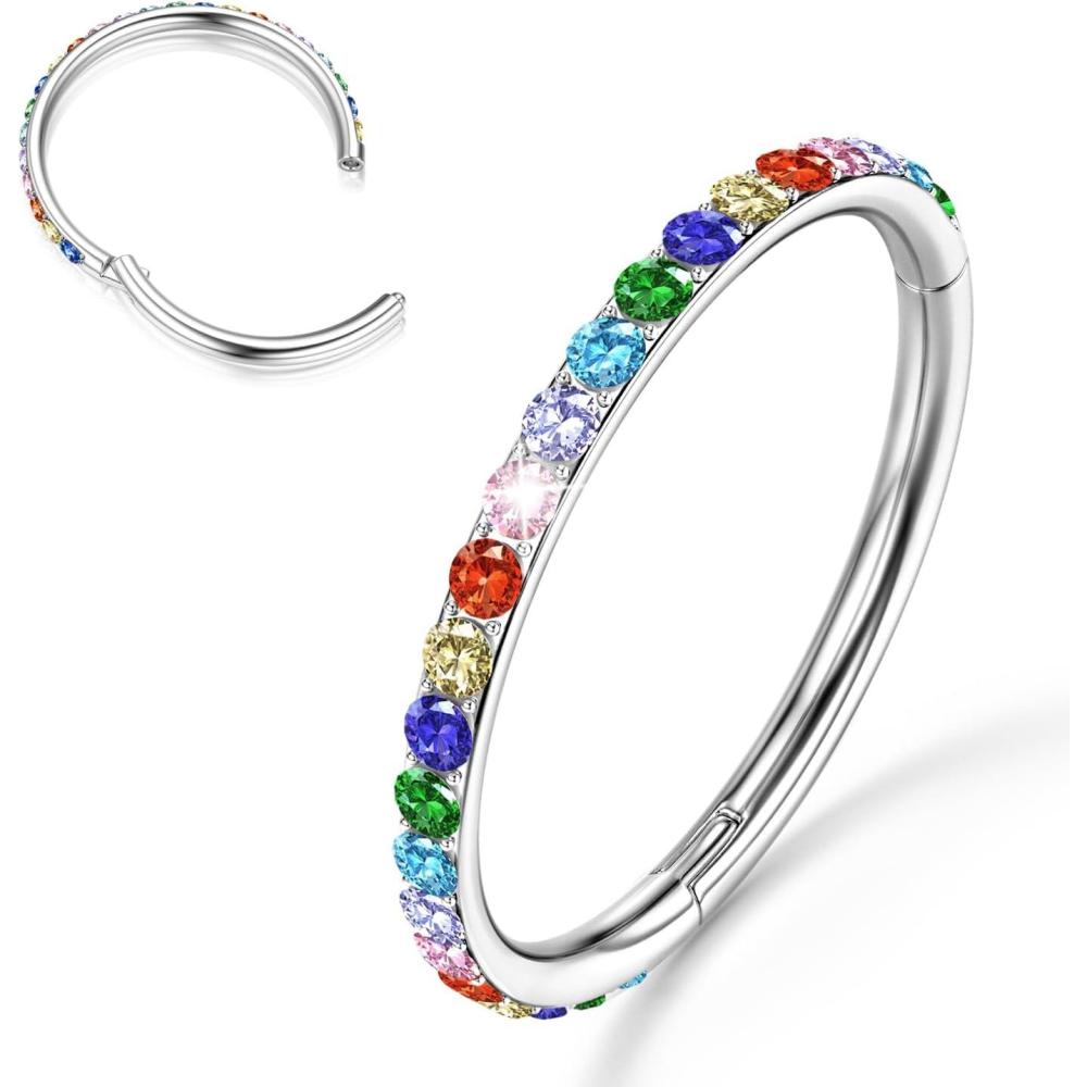 imageBodyBonita G23 Titanium Nose Rings Hoops ABRainbowClear CZ Nose Piercings 161820G Septum Rings Cartilage Helix Rook Tragus Lobe Daith Earrings Body Jewelry for Women Men 6789101112mmSilver Rainbow CZ5A 16G18G