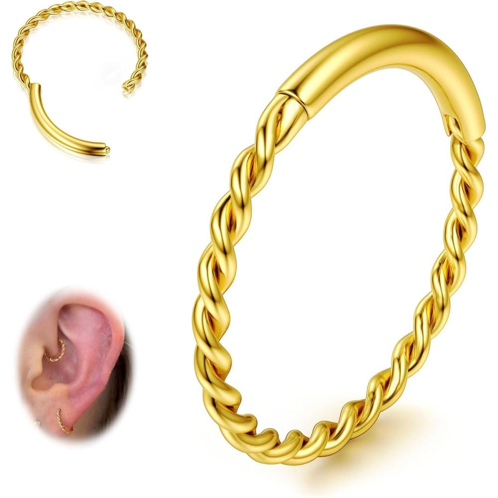 imageBodyBonita Hinged Nose Rings Hoops  316L Surgical Steel Twisted Seamless Clicker Cartilage Earrings Septum Rings Jewelry Conch Piercing Tragus Rook Daith Helix Women Gold PlatedBlackSilver 16G18GGoldOpenwork Braided