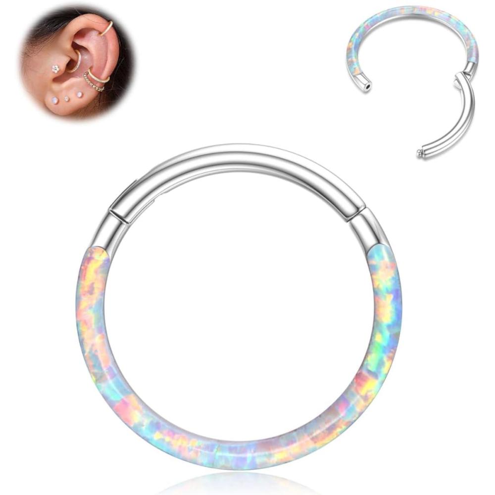 imageBodyBonita Hinged Opal Nose Rings Hoops  16G18G20G 316L Surgical Steel Hinged Hoop Nose Rings Septum Rings Conch Helix Daith Piercing Jewelry PurplePinkBlueWhite 10mm8mm SilverGold PlatedWhite Opal