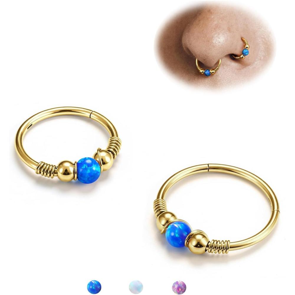 imageBodyBonita Opal Nose Rings Hoops 316L Surgical Steel Septum Ring for Women Conch Piercing Jewelry Daith Helix 2Pcs 16G 18GGoldBlue Opal