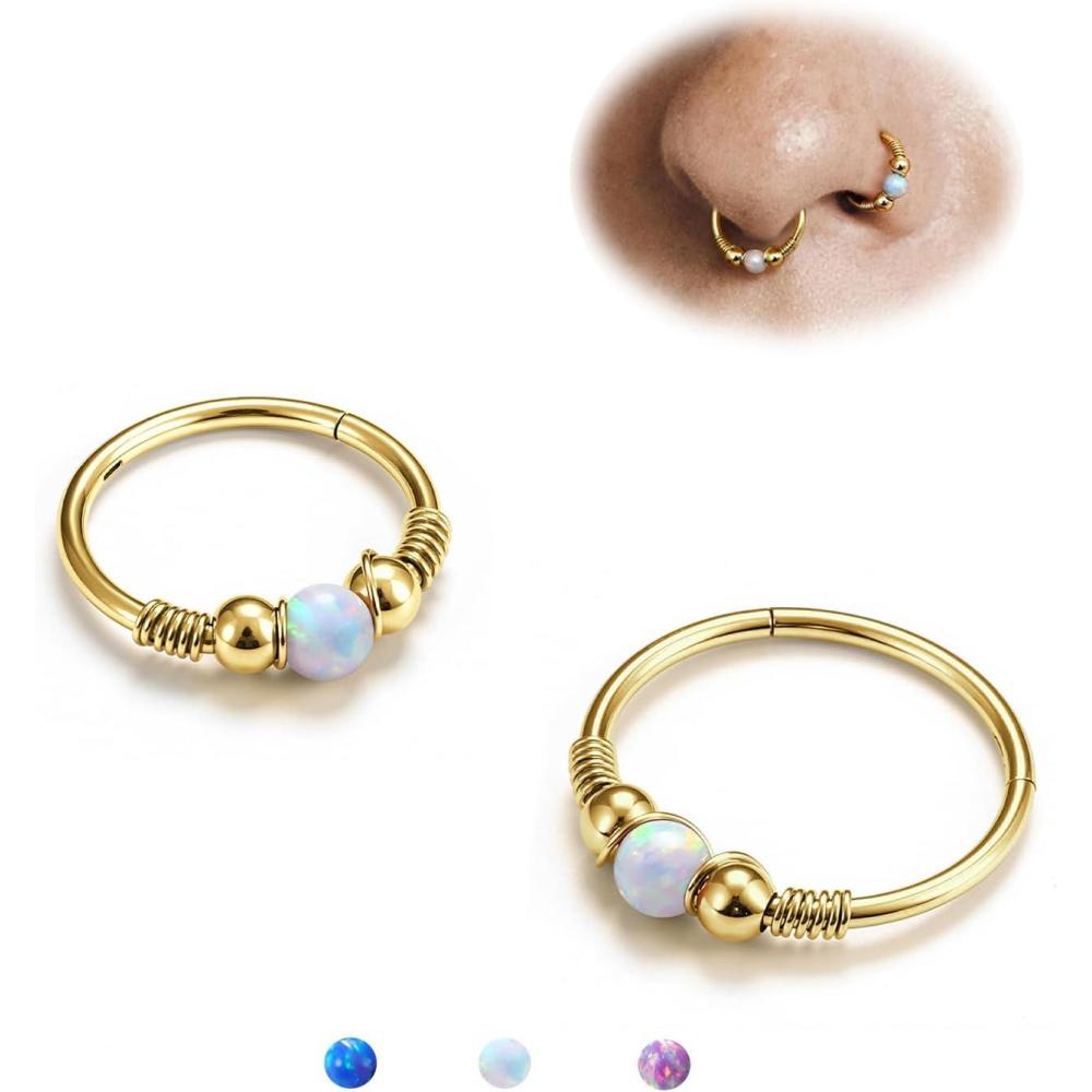 imageBodyBonita Opal Nose Rings Hoops 316L Surgical Steel Septum Ring for Women Conch Piercing Jewelry Daith Helix 2Pcs 16G 18GGoldWhite Opal