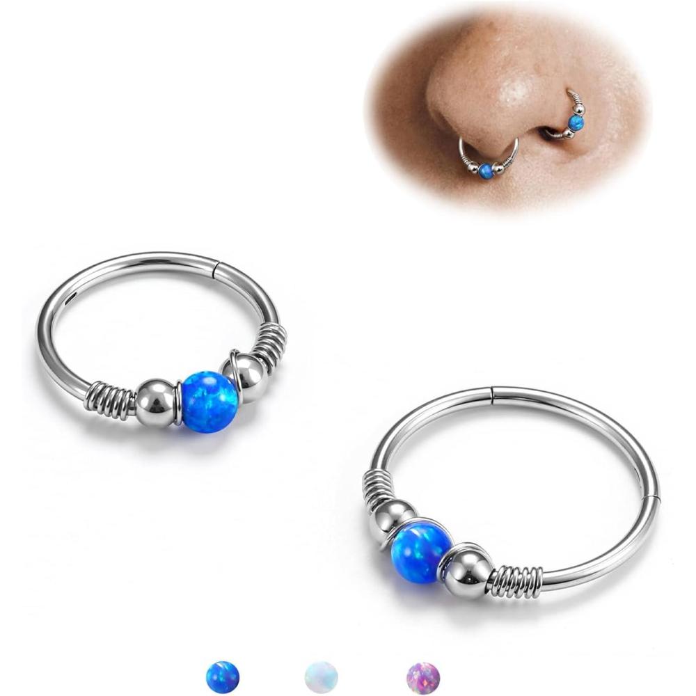 imageBodyBonita Opal Nose Rings Hoops 316L Surgical Steel Septum Ring for Women Conch Piercing Jewelry Daith Helix 2Pcs 16G 18GSilverBlue Opal
