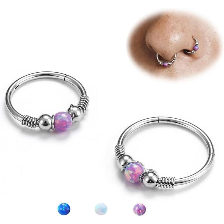 imageBodyBonita Opal Nose Rings Hoops 316L Surgical Steel Septum Ring for Women Conch Piercing Jewelry Daith Helix 2Pcs 16G 18GSilverPurple Opal