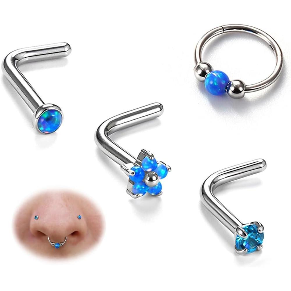imageBodyBonita Opal Nose Rings for Women 316L Surgical Steel Nose Hoops Piercing 20G 18G 16G Septum Rings L Shaped Nose Studs Jewelry Cartilage Conch Daith Helix Tragus Earrings 8910mm 4Pcs 4PcsBlue Opal