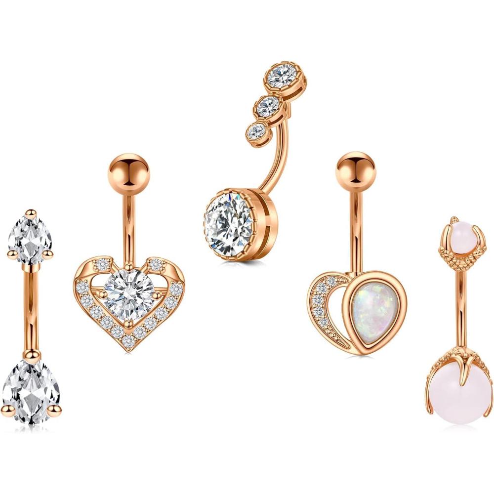 imageIncaton 14G 5Pcs Belly Button Rings Stainless Steel Heart Clear CZ Dragon Claws Belly Rings Navel Rings Piercing for Women
