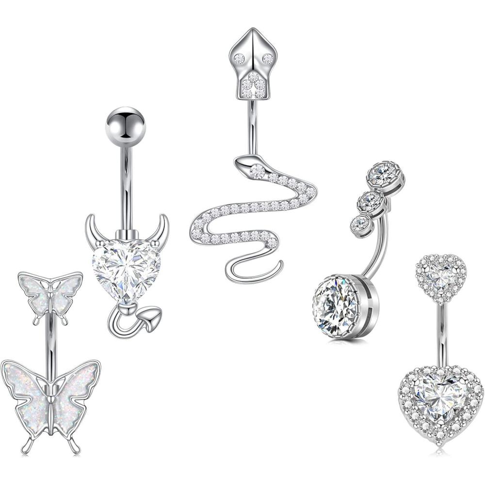 imageIncaton 14G 5Pcs Belly Button Rings for Women Stainless Steel Snake Butterfly Devil Heart Clear CZ Curved Barbell Navel Rings Piercing