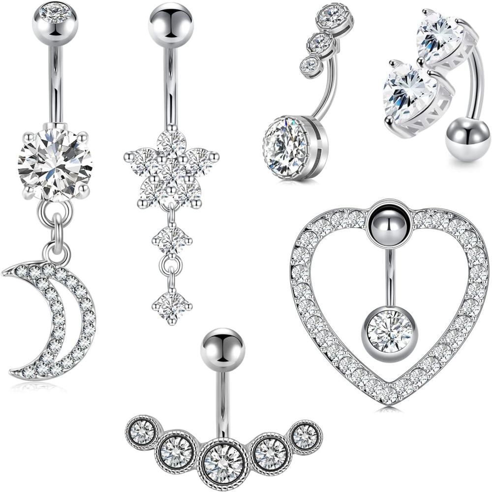 imageIncaton 14G 6Pcs Belly Button Rings Stainless Steel Reverse Heart Belly Rings Dangle Moon Navel Rings for Women Belly Piercing Jewelry