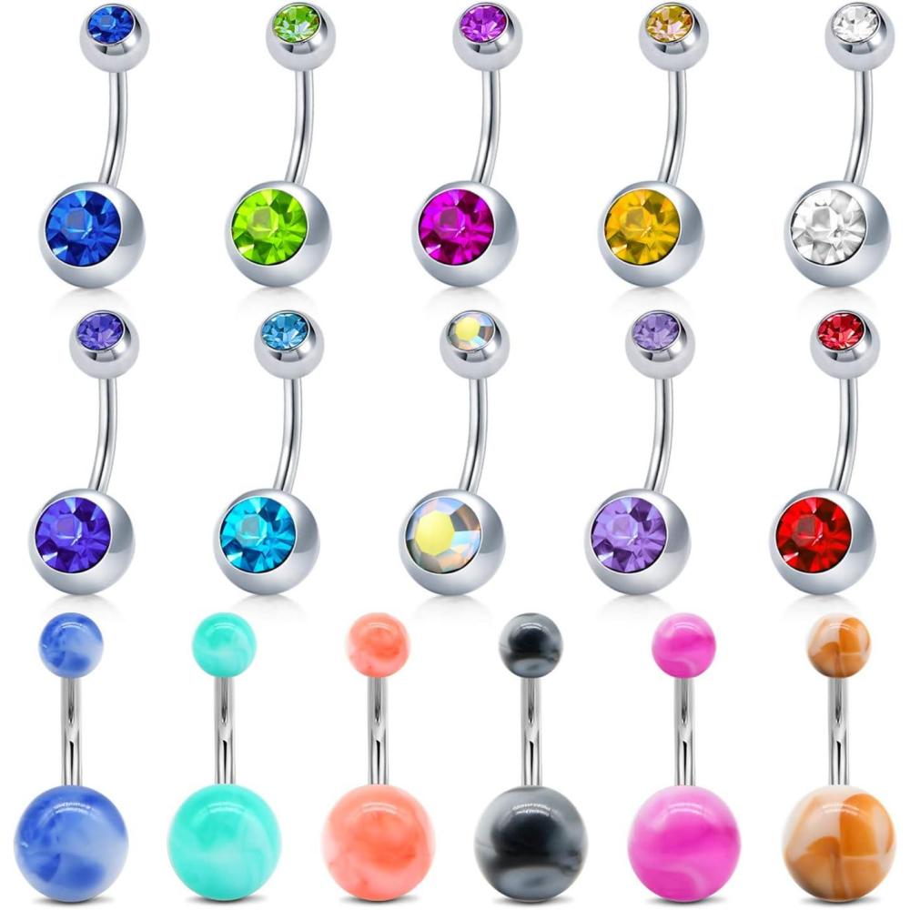 imageIncaton 14G 6mm Short Bar Belly Button Ring Stainless Steel Belly Rings Butterfly Round Cubic Zirconia Navel Barbell Body Piercing 16pcs 10mm