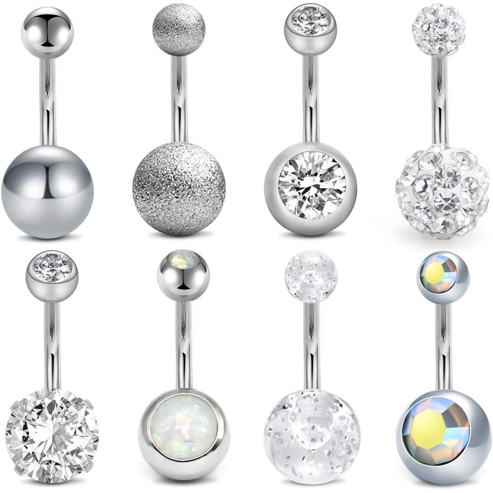 imageIncaton 14G 6mm Short Bar Belly Button Ring Stainless Steel Belly Rings Butterfly Round Cubic Zirconia Navel Barbell Body Piercing 8pcs silver 10mm