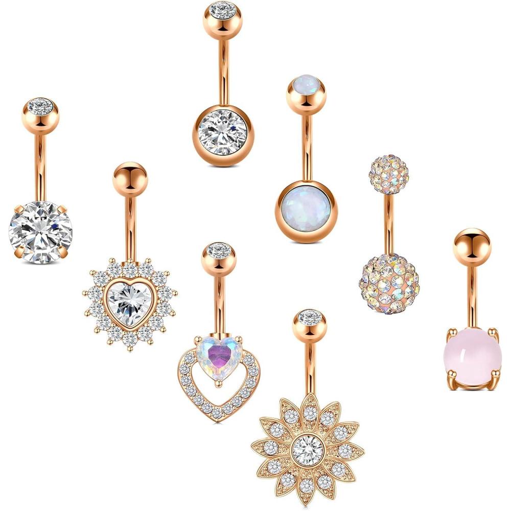 imageIncaton 14G 8Pcs Belly Button Ring for Women Stainless Steel Heart Clear Flower CZ Belly Ring Navel Rings Piercing