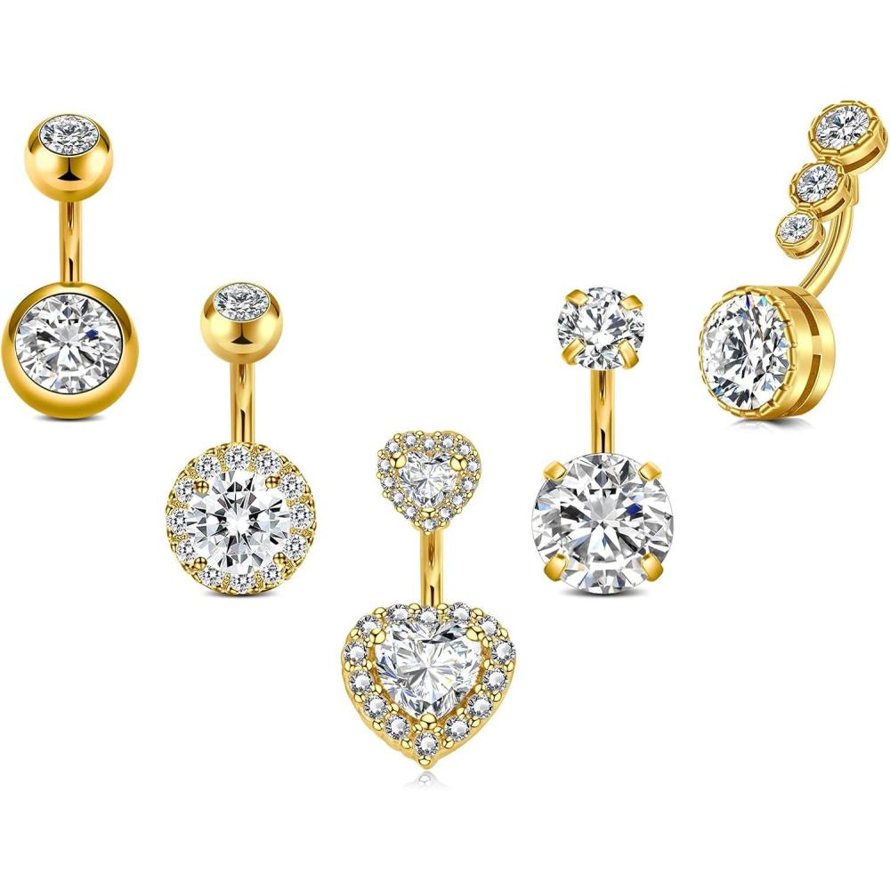 imageIncaton 14G Belly Button Rings Stainless Steel Heart Diamond 6mm10mm Bar Belly Rings For Women Hypoallergenic Short Bar Navel PiercingsGold 6mm