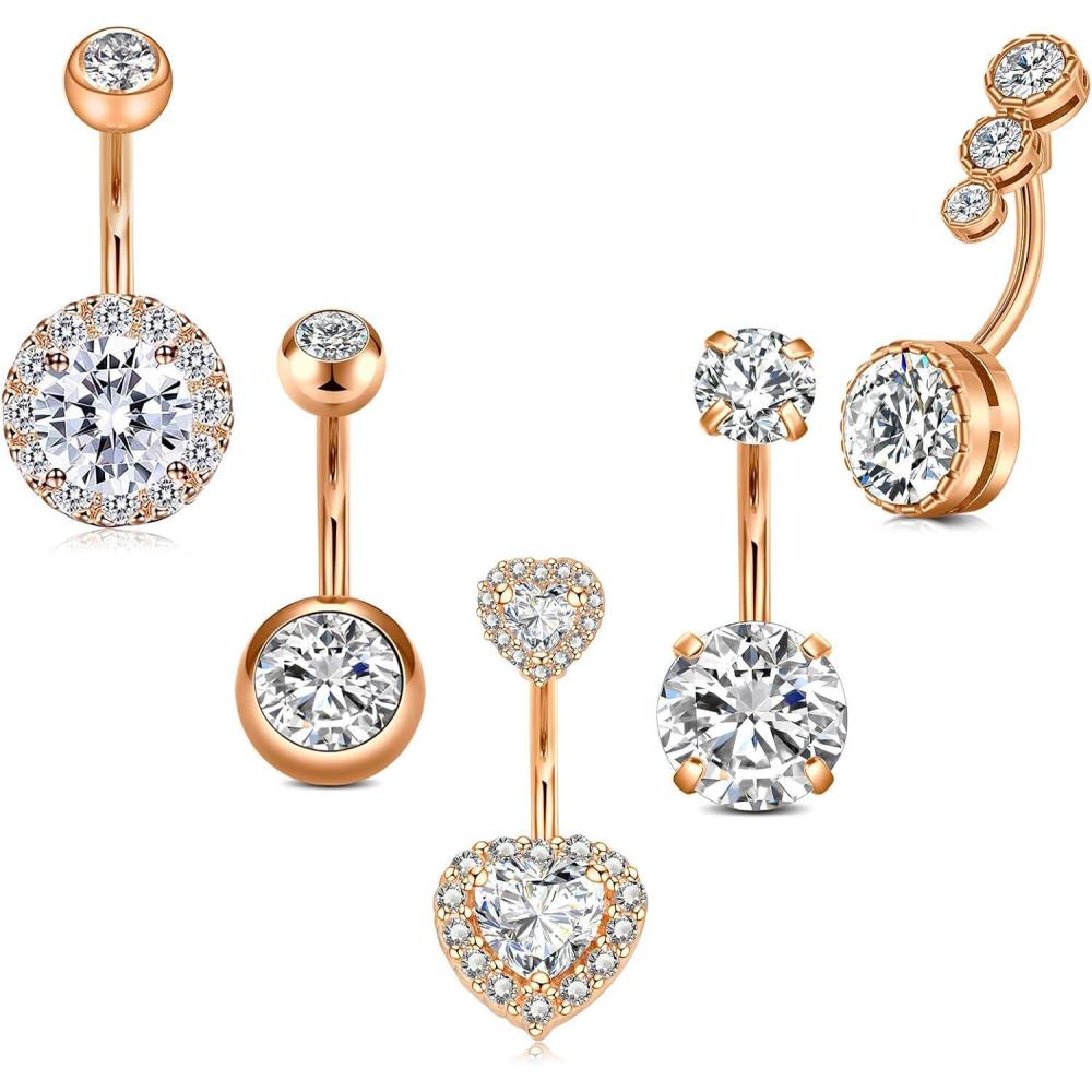 imageIncaton 14G Belly Button Rings Stainless Steel Heart Diamond 6mm10mm Bar Belly Rings For Women Hypoallergenic Short Bar Navel PiercingsRose Gold 10mm