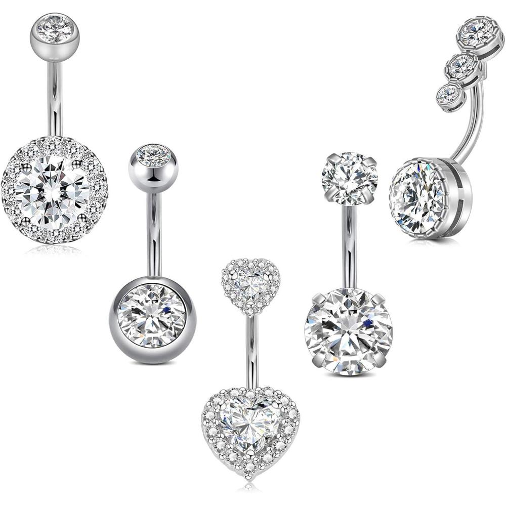 imageIncaton 14G Belly Button Rings Stainless Steel Heart Diamond 6mm10mm Bar Belly Rings For Women Hypoallergenic Short Bar Navel PiercingsSilver 10mm