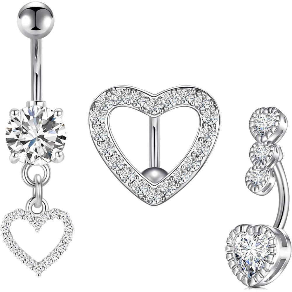 imageIncaton 14G Heart Belly Button Rings Stainless Steel Belly Rings Piercing For Women Navel Rings Silver Rose Gold