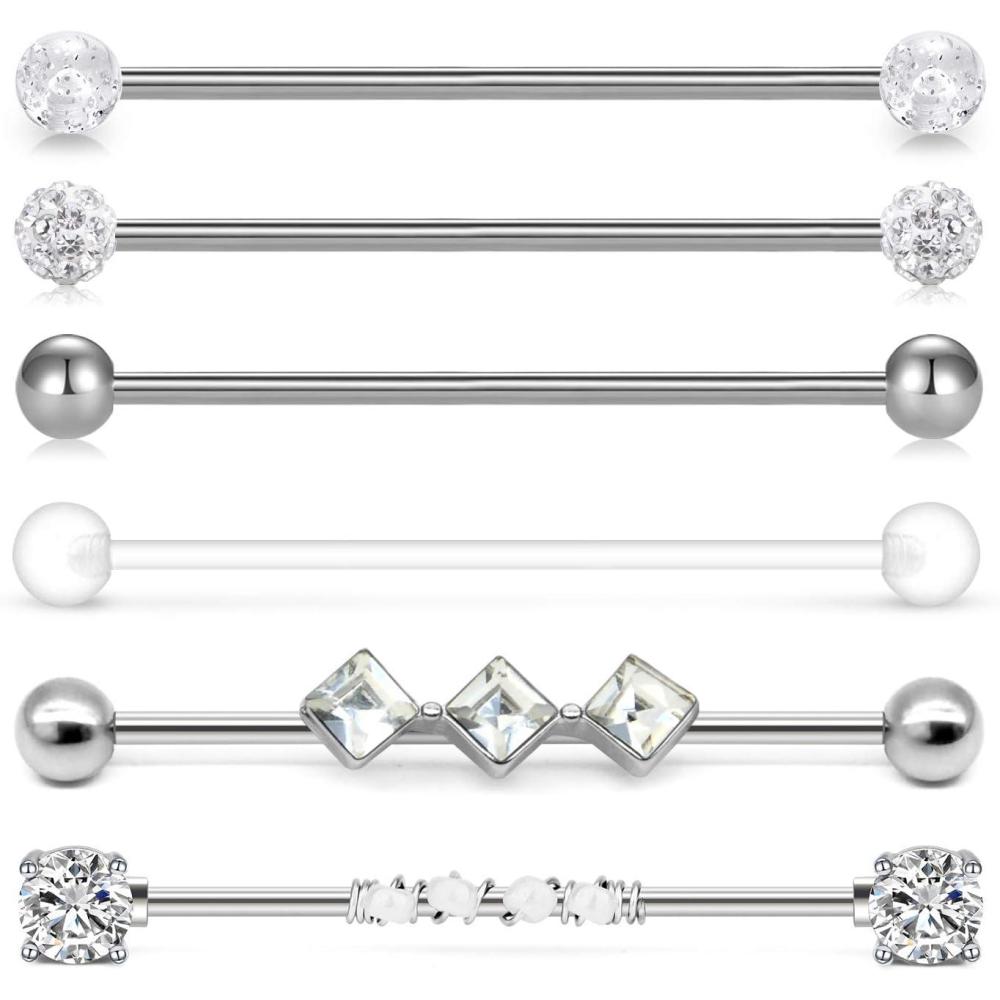 imageIncaton 14g Industrial Barbell Surgical Steel Cartilage Earrings CZ Industrial Earring Crystal Ferido Industrail Piercing 1 12quot38mm Bar Length