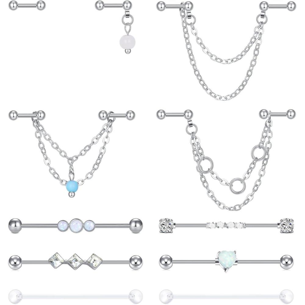 imageIncaton 14g Industrial Barbell Surgical Steel Cartilage Earrings CZ Industrial Earring Crystal Ferido Industrail Piercing 1 12quot38mm Bar Length Silver Chain