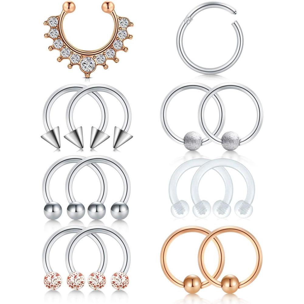imageIncaton 16G Stainless Steel Nose Septum Rings Horseshoe Nose Rings Earring Cartilage Helix Tragus Earring Hoop Eyebrow Lip Hoop Retainer for Women Men 8mm 10mm 12mm 14pcs rose gold  silver