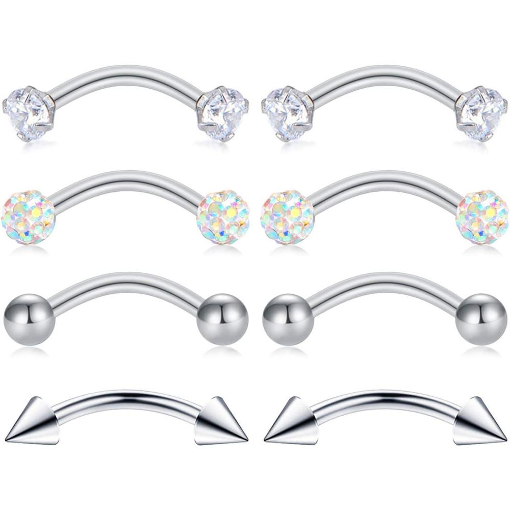 imageIncaton 16g 8mm Eyebrow Rings Piercing Jewelry Stainless Steel Rook Daith AntiTragus Snug Cubic Zirconia Arrow Curved Barbell Jewelry