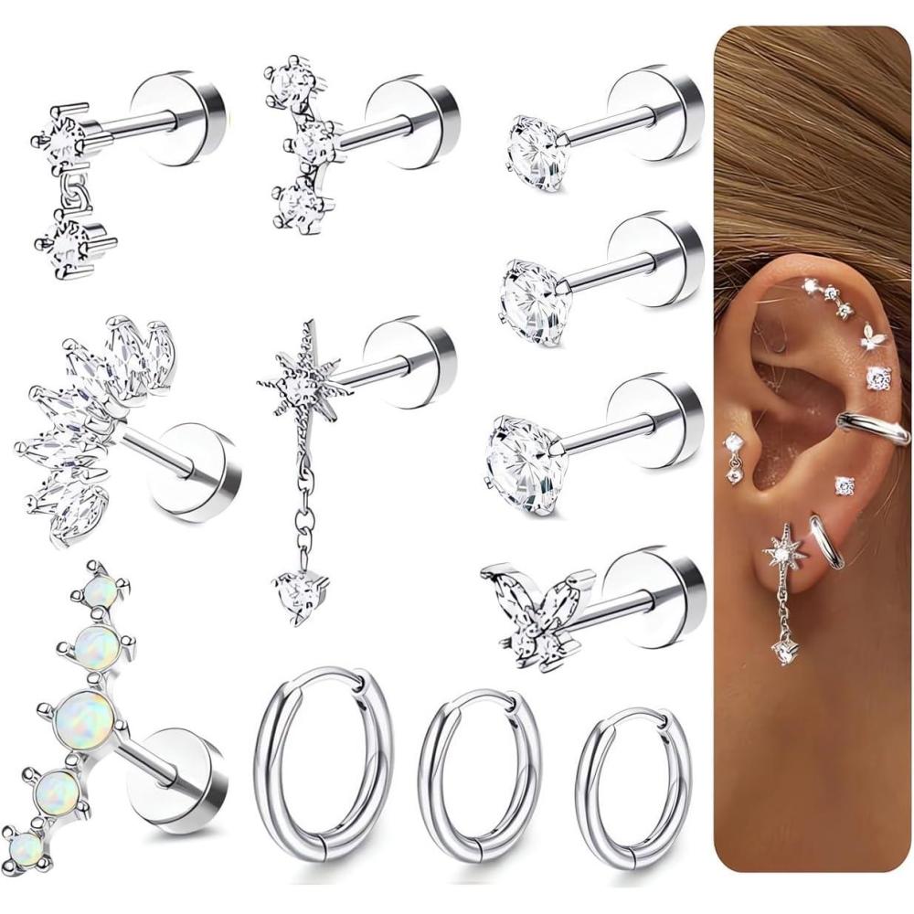 imageIncaton 20G Cartilage Piercing Jewelry Flat back Helix Earrings for Women Hypoallergenic Surgical Steel Gold Cartilage Hoop Earring Set Daith Tragus Conch Flat Back Stud EarringsSilver