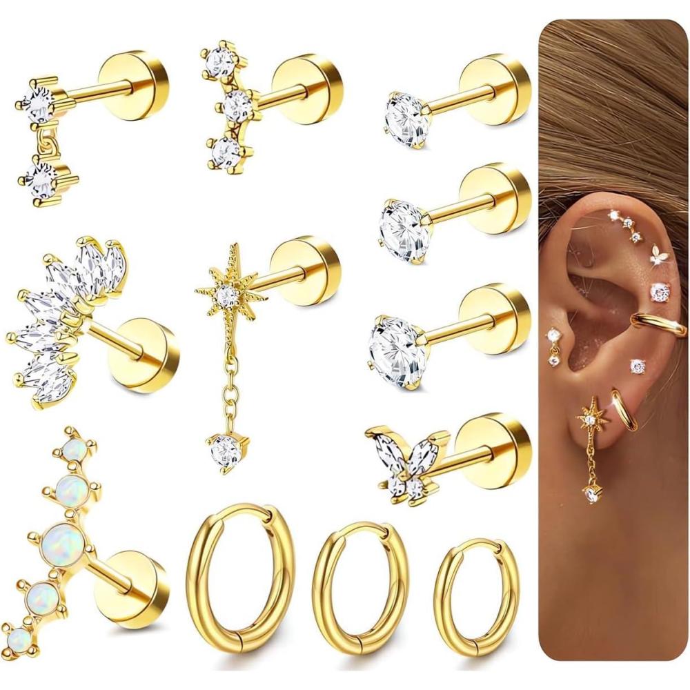 imageIncaton 20G Cartilage Piercing Jewelry Flat back Helix Earrings for Women Hypoallergenic Surgical Steel Gold Cartilage Hoop Earring Set Daith Tragus Conch Flat Back Stud EarringsGOLD