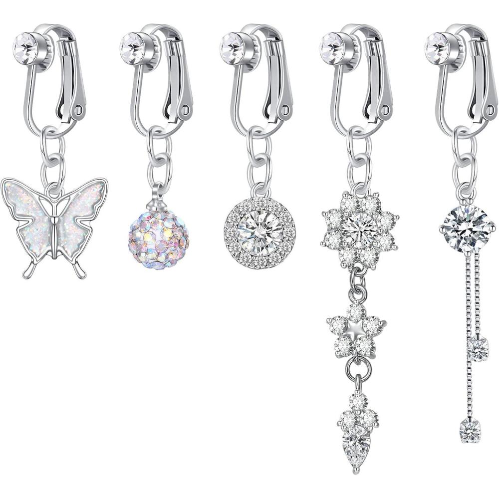 imageIncaton Fake Belly Ring Clip on Belly Button Rings for Women CZ Dangle Belly Button Rings Butterfly Heart Crown Belly Rings Non Piercing Jewelry5PC