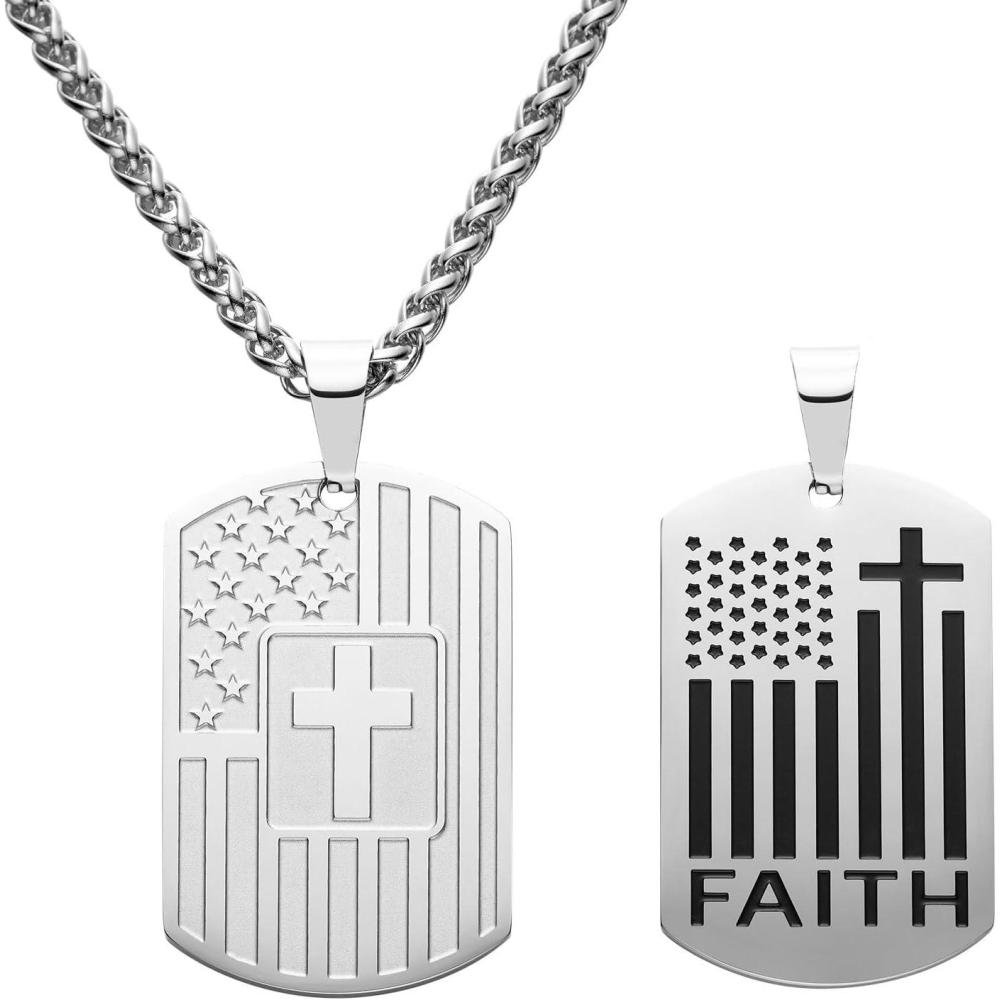 imageKing Will 20quot Stainless Steel Necklace with Two Alternative Pendants Cross PendentNational Flag Style Silver  Three Ways to Wear Necklace OnlyWith PendaentWith Ring Not IncludeNational Flag