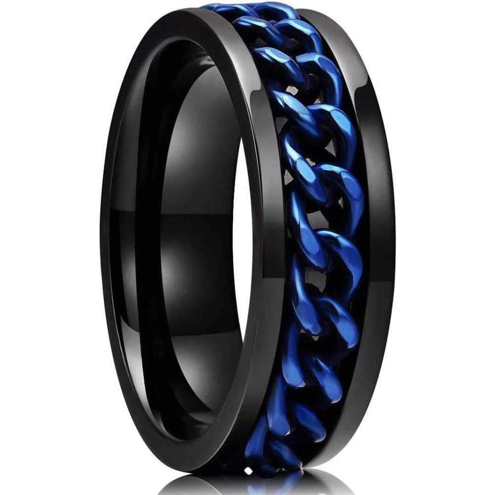 imageKing Will 316L Stainless Steel Fidget Ring for Men Women8mm Width with Stylish Chain Inlay Spinner Ring Stress Relief Durable Wedding Band Comfort Fit Size 416BBlackBlue