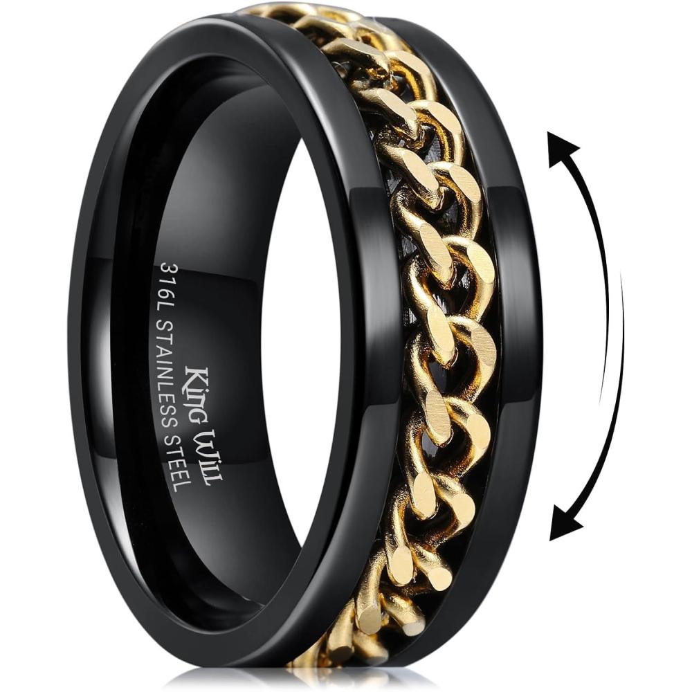 imageKing Will 316L Stainless Steel Fidget Ring for Men Women8mm Width with Stylish Chain Inlay Spinner Ring Stress Relief Durable Wedding Band Comfort Fit Size 416BBlackGold Plated