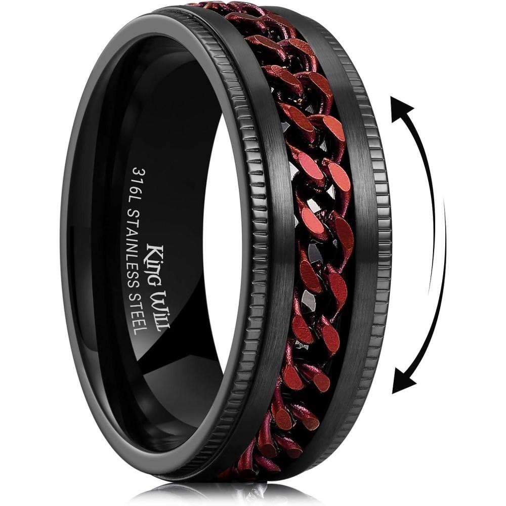 imageKing Will 316L Stainless Steel Fidget Ring for Men Women8mm Width with Stylish Chain Inlay Spinner Ring Stress Relief Durable Wedding Band Comfort Fit Size 416ABlackRed
