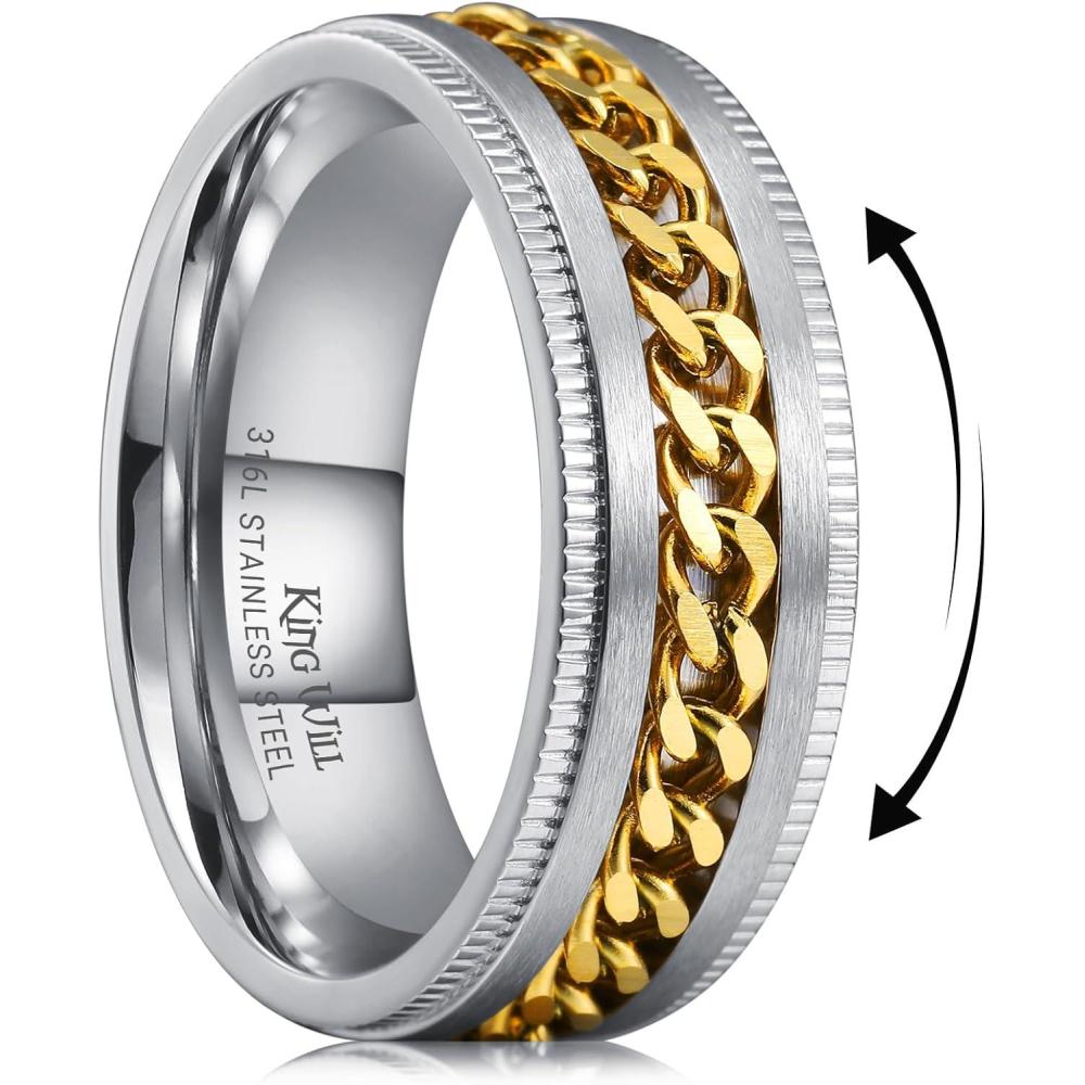 imageKing Will 316L Stainless Steel Fidget Ring for Men Women8mm Width with Stylish Chain Inlay Spinner Ring Stress Relief Durable Wedding Band Comfort Fit Size 416ASliverGold Plated