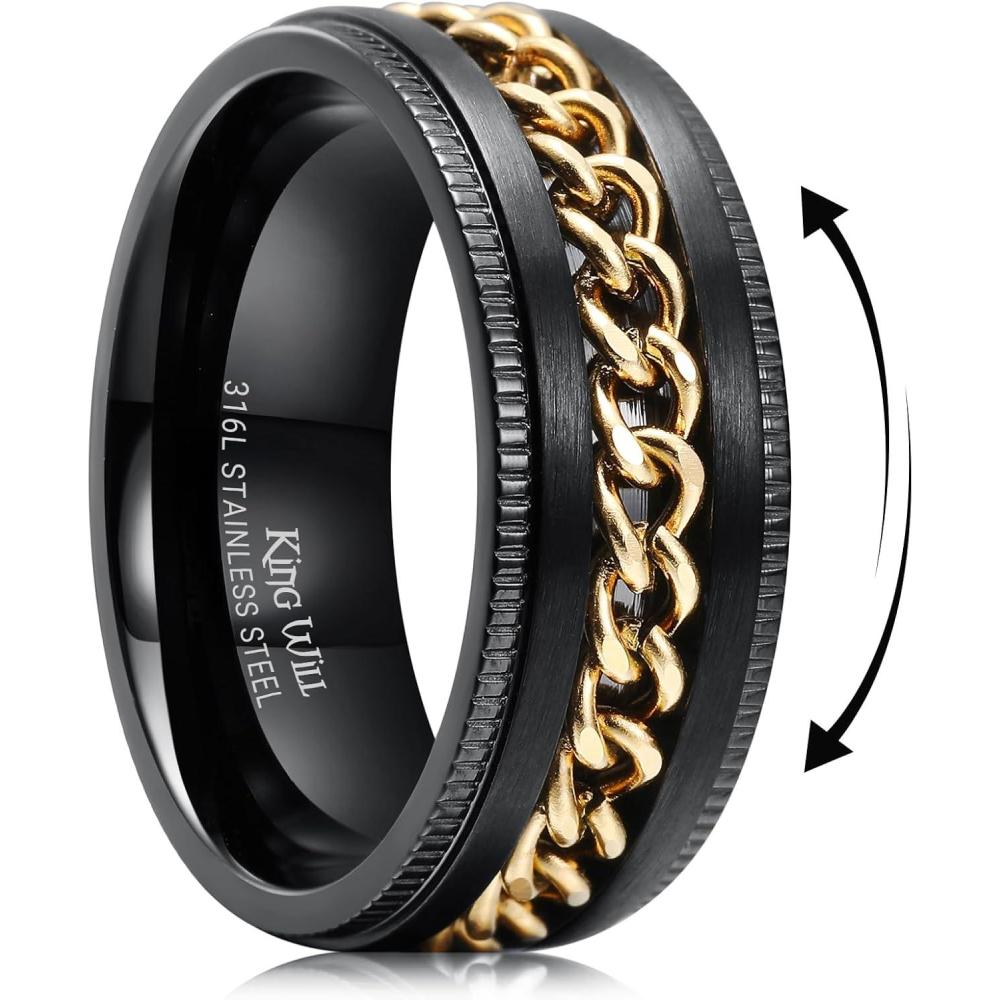imageKing Will 316L Stainless Steel Fidget Ring for Men Women8mm Width with Stylish Chain Inlay Spinner Ring Stress Relief Durable Wedding Band Comfort Fit Size 416ABlackGold Plated