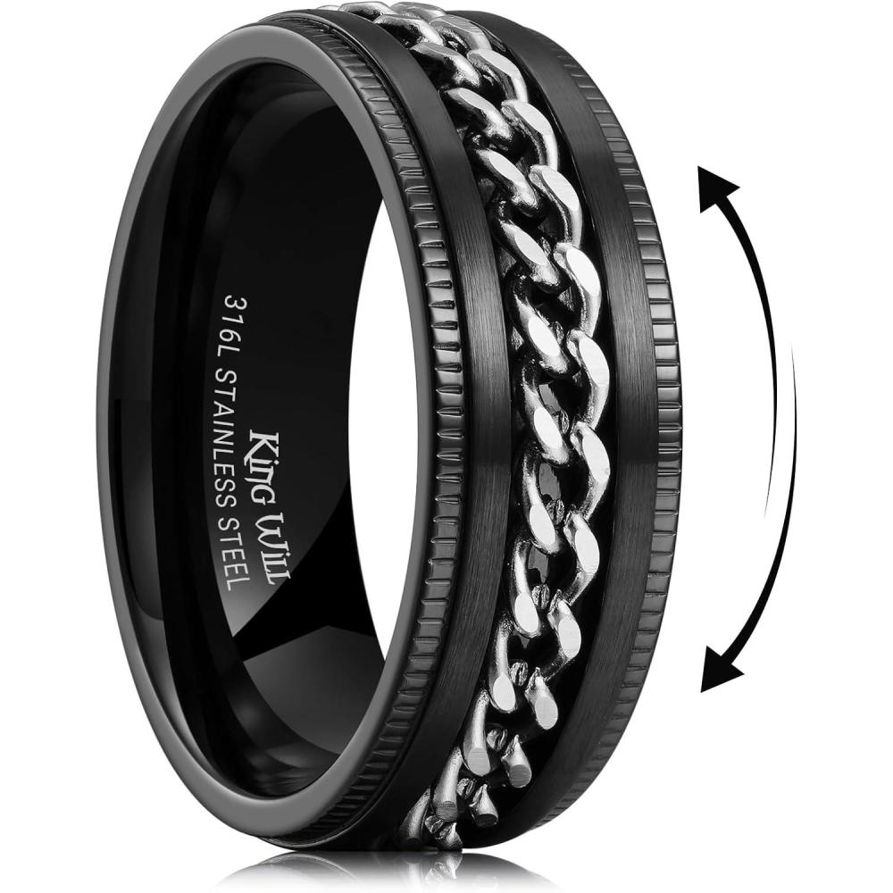 imageKing Will 316L Stainless Steel Fidget Ring for Men Women8mm Width with Stylish Chain Inlay Spinner Ring Stress Relief Durable Wedding Band Comfort Fit Size 416ABlackSliver Plated
