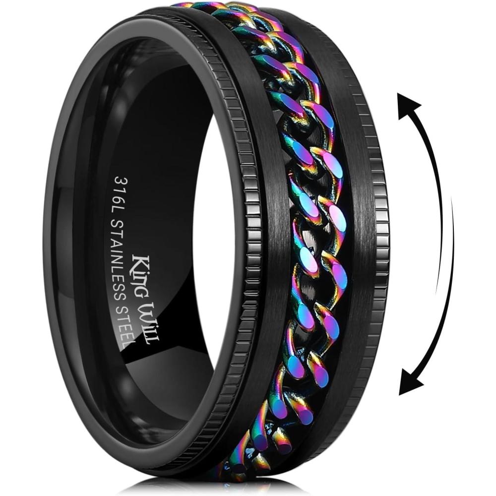 imageKing Will 316L Stainless Steel Fidget Ring for Men Women8mm Width with Stylish Chain Inlay Spinner Ring Stress Relief Durable Wedding Band Comfort Fit Size 416ABlackRainbow