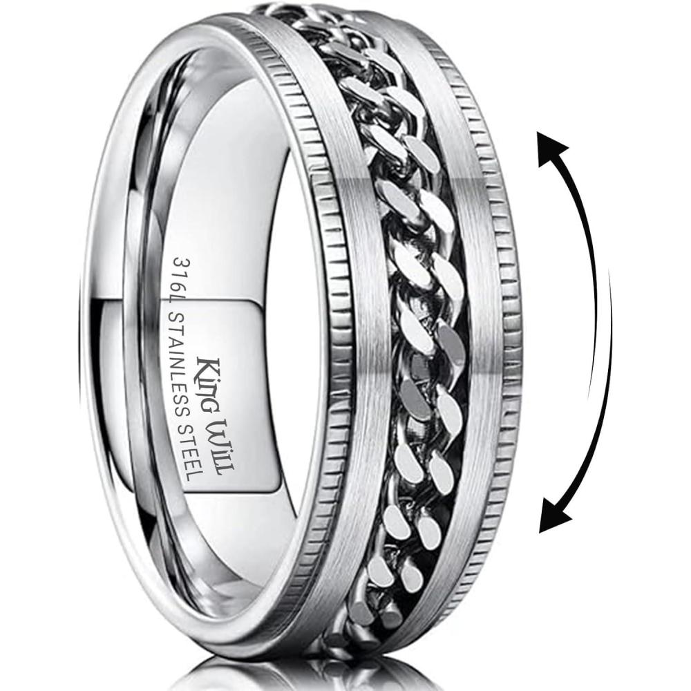 imageKing Will 316L Stainless Steel Fidget Ring for Men Women8mm Width with Stylish Chain Inlay Spinner Ring Stress Relief Durable Wedding Band Comfort Fit Size 416ASilver Plated
