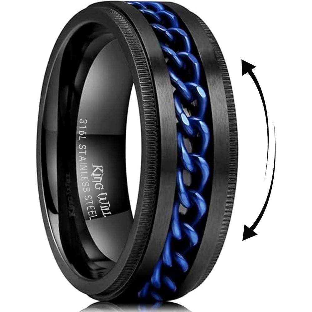 imageKing Will 316L Stainless Steel Fidget Ring for Men Women8mm Width with Stylish Chain Inlay Spinner Ring Stress Relief Durable Wedding Band Comfort Fit Size 416ABlackBlue