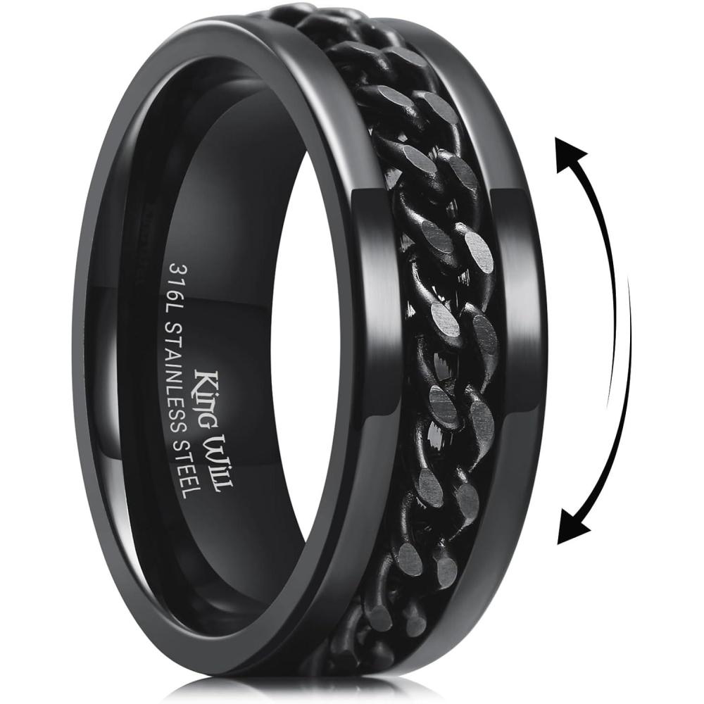 imageKing Will 316L Stainless Steel Fidget Ring for Men Women8mm Width with Stylish Chain Inlay Spinner Ring Stress Relief Durable Wedding Band Comfort Fit Size 416BBlack