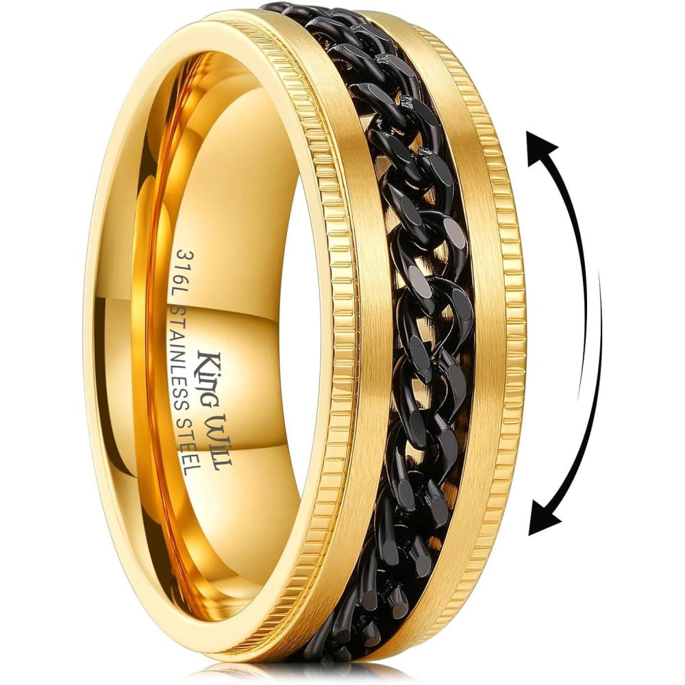imageKing Will 316L Stainless Steel Fidget Ring for Men Women8mm Width with Stylish Chain Inlay Spinner Ring Stress Relief Durable Wedding Band Comfort Fit Size 416AGold PlatedBlack