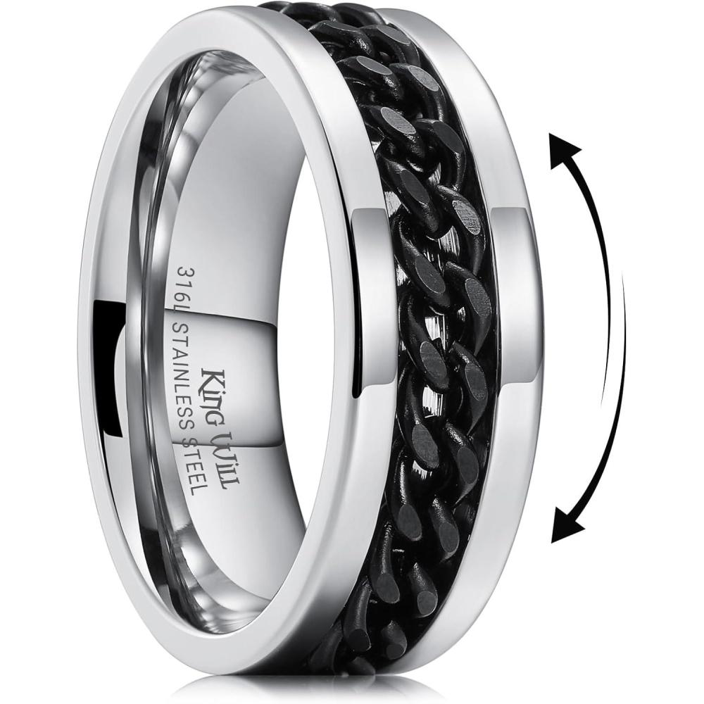 imageKing Will 316L Stainless Steel Fidget Ring for Men Women8mm Width with Stylish Chain Inlay Spinner Ring Stress Relief Durable Wedding Band Comfort Fit Size 416BSliver PlatedBlack