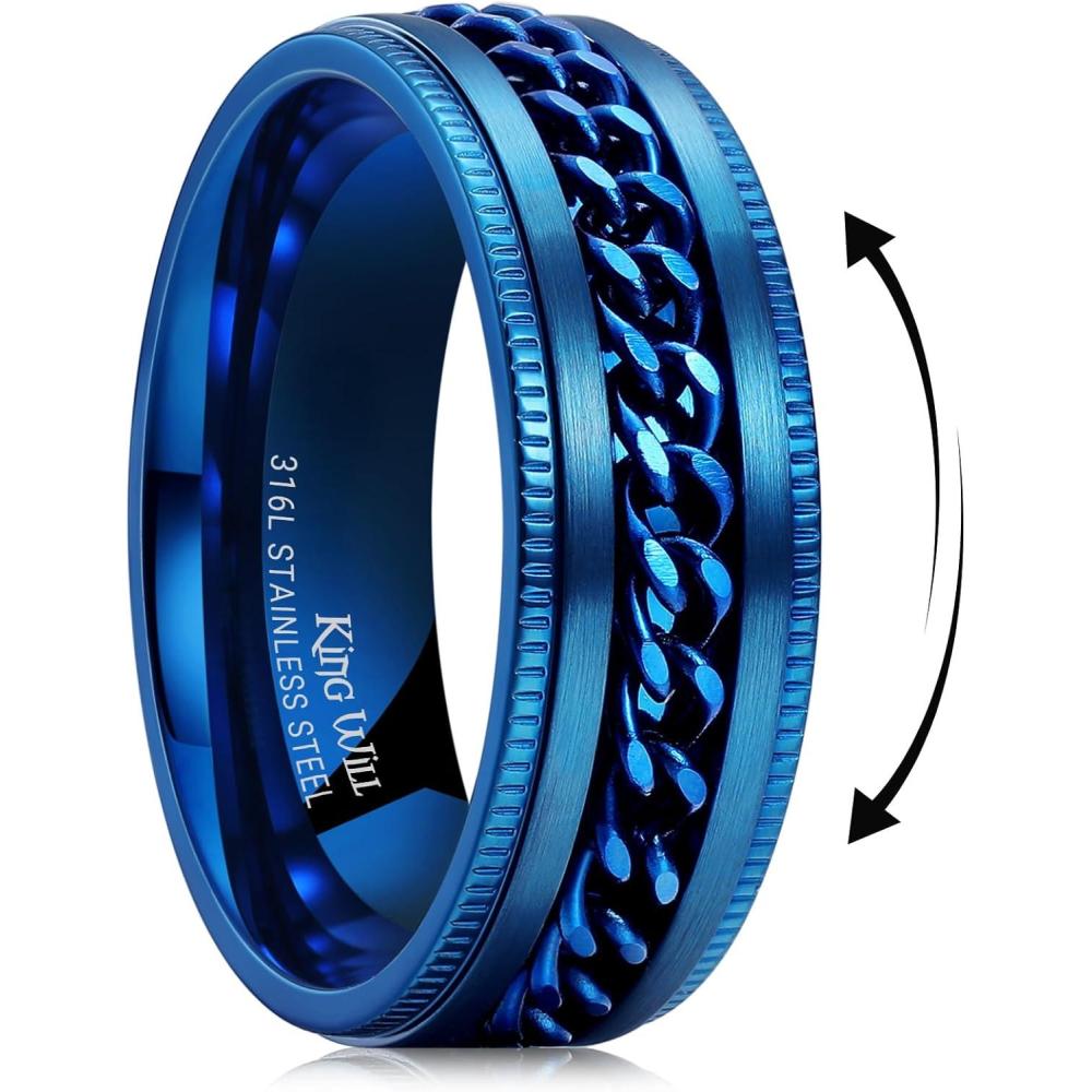 imageKing Will 316L Stainless Steel Fidget Ring for Men Women8mm Width with Stylish Chain Inlay Spinner Ring Stress Relief Durable Wedding Band Comfort Fit Size 416ABlue