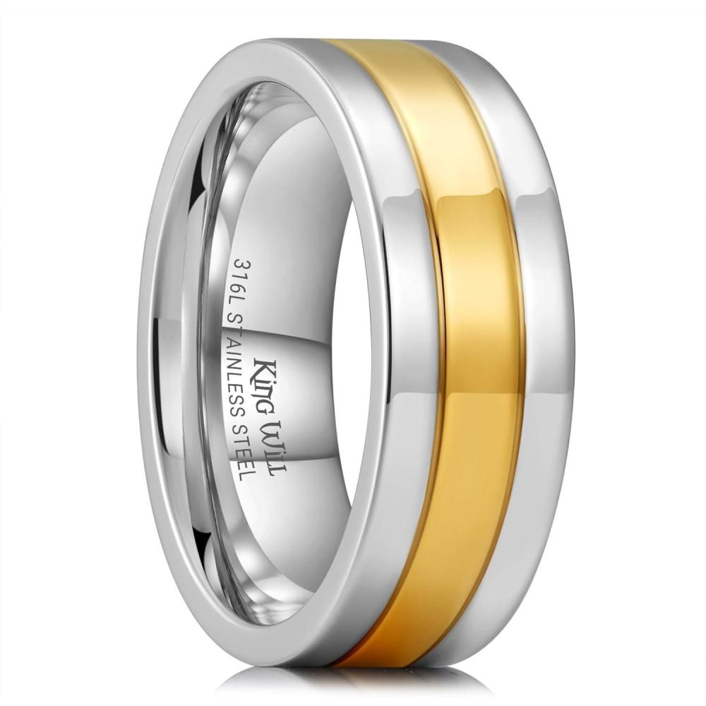 imageKing Will 316L Stainless Steel Mens Wedding Band  68 mm DualTone Wedding Ring Polished Finish with GoldBlack Steel Plating Fashionable and Durable Stainless Steel Mens Ring Size 714GoldC