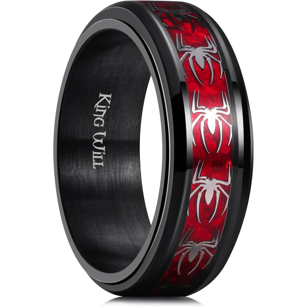 imageKing Will 316L Stainless Steel Spinner Ring for Men Women8mm Wedding Band wirh Red SkullSpider Pattern in BlackSliver Plated Comfort Fit Spinner Fidget Wedding Ring Size 714Spider Red 8mm